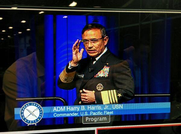 Adm. Harry B. Harris Jr., USN, uses Google Glass as a teleprompter at WEST 2014.