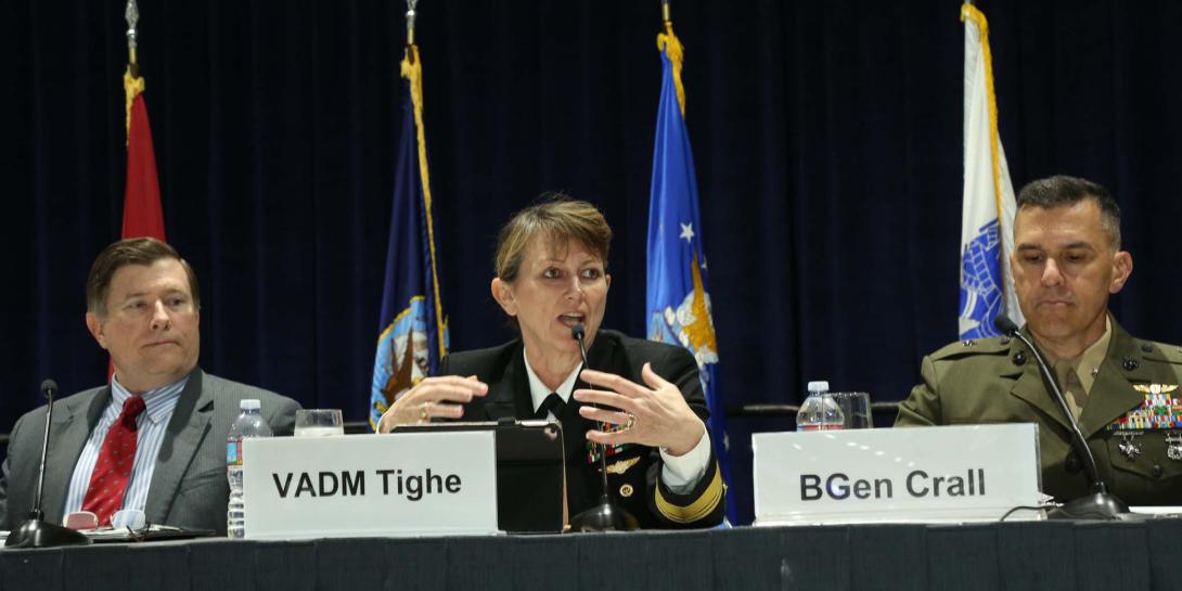 Vice Adm. Jan Tighe, deputy chief of naval operations for information warfare and director of naval intelligence, speaks at West 2017. Photo by Mike Carpenter