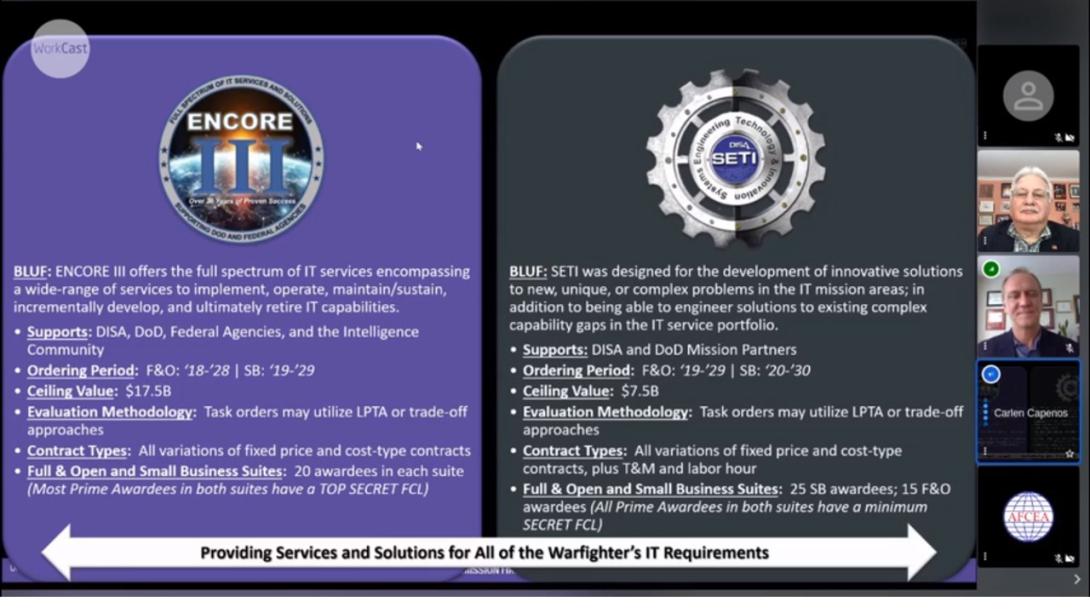 DISA relies primarily on two contracting vehicles, the Encore III platform and the Systems Engineering Technology and Innovation, or SETI, contract. Credit: DISA 
