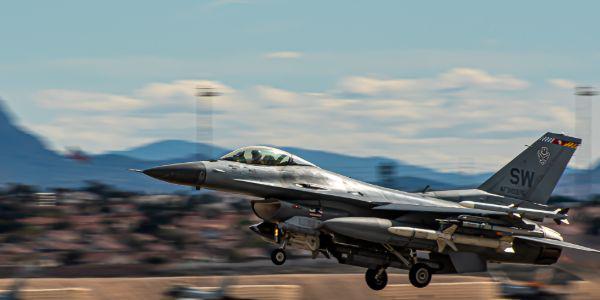 An F-16 Viper takes off at Nellis Air Force Base, Nevada, in March 2020. F-16 Vipers from the 20th Fighter Wing have played a primary role in demonstrating agile combat capabilities in joint all-domain command and control (JADC2) experiments. Leaders from the Joint All-Domain Strategist course visited Nellis in March to learn firshand from the military’s JADC2 efforts.  U.S. Air Force photo by Airman 1st Class Jacob Gutierrez