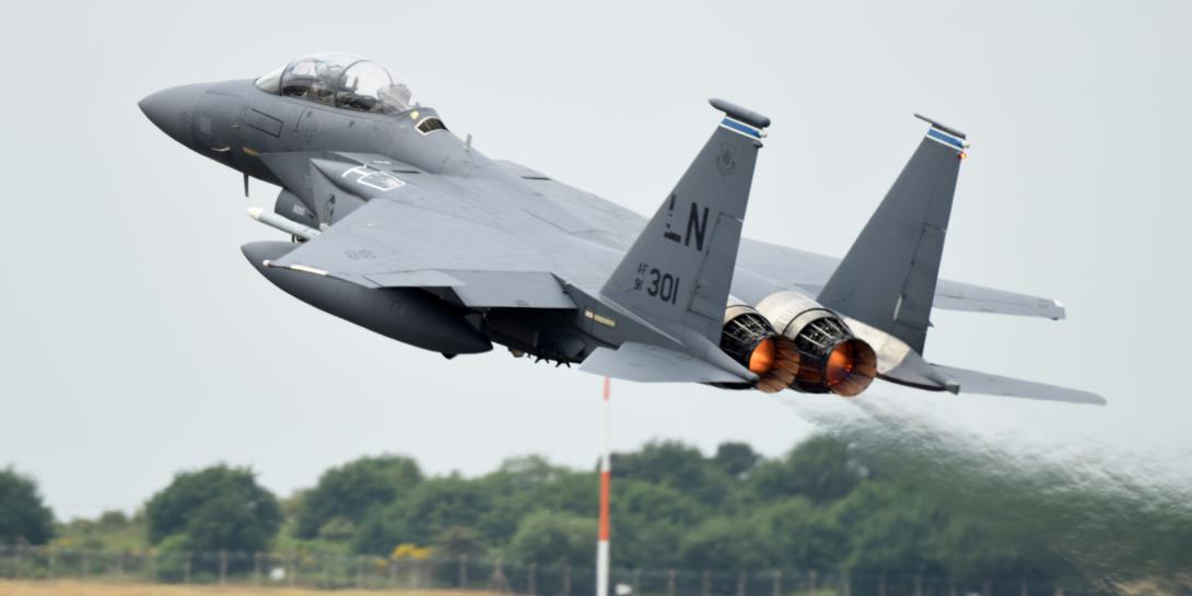 A F-15E Strike Eagle from the 492nd Fighter Squadron takes off from Royal Air Force Lakenheath, England on May 27 during a large force exercise. The U.S. Air Forces in Europe and Africa and airmen from the 48th Fighter Wing conducted the dissimilar air combat training to advance combat readiness and increase tactical proficiency to help strengthen the NATO alliance. Credit: U.S. Air Force photo by Air Force Senior Airman Christopher Sparks