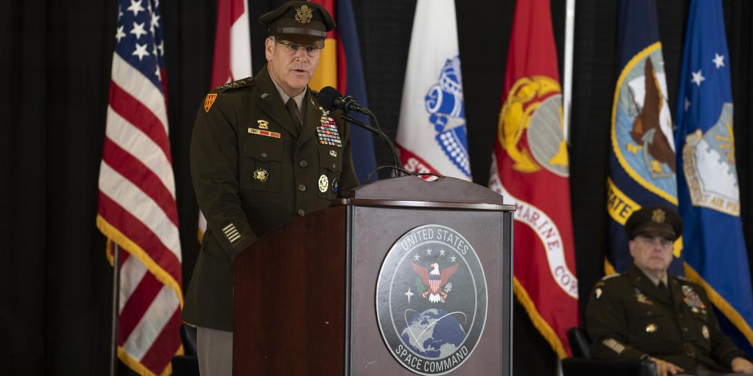 Army Gen. James Dickinson accepts command of the U.S. Space Command on August 20, 2020 at Peterson Air Force Base, Colorado. Credit: DOD Photo by Lewis Carlyle