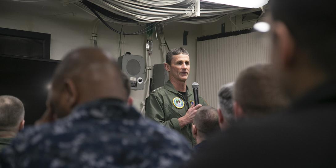 Vice Adm. Andrew Lewis, USN, commander, U.S. Second Fleet (c), speaks to USS Gerald R. Ford's (CVN 78) wardroom during a visit to the Navy's newest aircraft carrier. Adm. Lewis spoke at MILCOM 2019. U.S. Navy photo by Mass Communication Specialist 3rd Class Sean Elliott 