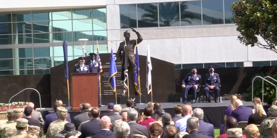 Lt. Gen. Michael Guetlein, USSF, commander, Space Systems Command, pictured at the podium during the official stand up ceremony of the U.S. Space Force’s new Space Systems Command August 13, takes the reins as the command’s first leader.  