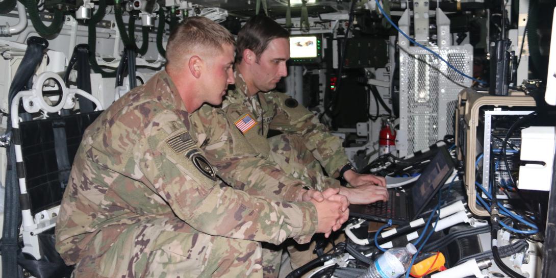 From l-r, U. S. Army Sgt. Cody Conklin of the 4th Infantry Division from Ft. Carson, Colorado, and Sgt. Carl Higgins, USA, of the Intelligence, Information, Cyber, Electronic Warfare and Space, or I2CEWS, formation from Joint Base Lewis McCord, WA, detect and mitigate adversarial radio signals during Cyber Blitz 19. The I2CEWS have made good progress since then, in integrating advanced capabilities for multidomain operations. Credit: U.S. Army Combat Capabilities Development Command by Edric Thompson