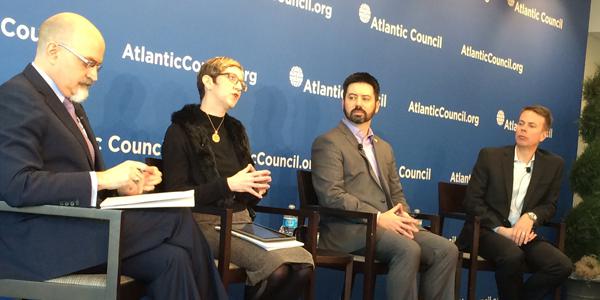 From left to right, Jason Healey, Suzanne Schwartz, Joshua Corman and Pat Calhoun discuss the impact of lack cybersecurity on the Internet of Things and health care. 