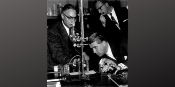 Gas Cell Battery, 1959. Dr. Werner Von Braun, chief scientist of the U.S. Army’s missile program, inspects the gas cell battery under study at the U.S. Army Signal Corps Research and Development Laboratory. Arthur Daniel, left, explains how the battery converts hydrogen and oxygen to electrical power directly. Looking on is Leonard Rokaw, chief of technical information at the laboratory. Von Braun’s visit included a tour of the space electronics facilities. Credit: Fort Monmouth (Images of America)