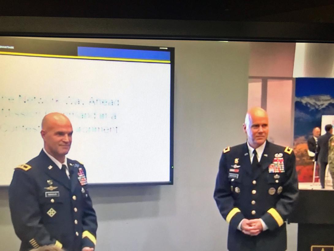 Maj. Gen. James Mingus, USA, director, Mission Command Center of Excellence (l), and Maj. Gen. John Morrison, USA, commanding general, Army Cyber Center of Excellence, outline the Army's plan for a new network at AUSA's Annual Meeting in Washington, D.C.