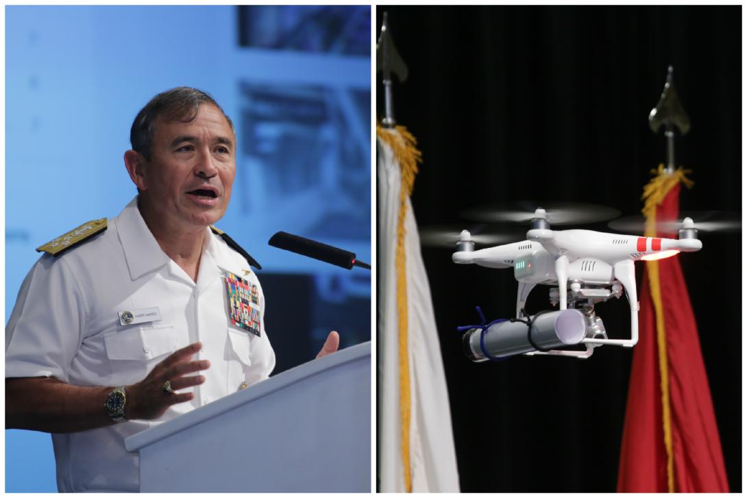 Adm. Harry B. Harris, USN, commander, U.S. Pacific Fleet, discusses the need for innovation to maintain U.S. superiority after receiving the text of his speech from a remote controlled drone.