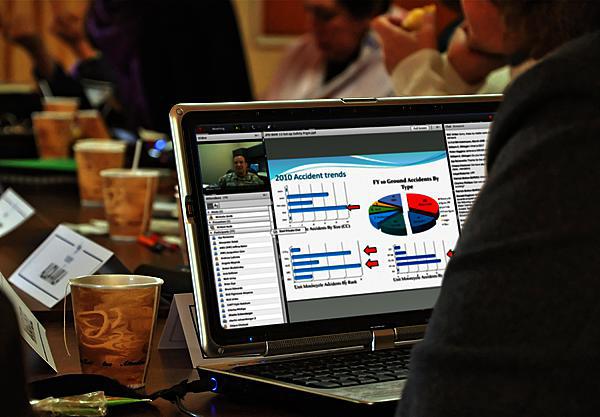 Online meeting attendees using a collaboration tool can see presentations, a list of other attendees and attendee chats.