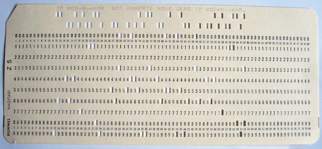 Cards similar to this punch card containing COBOL code were used to run the code on the IBM System/360 Mainframe when it was first released in 1964. Credit: Rainer Gerhards