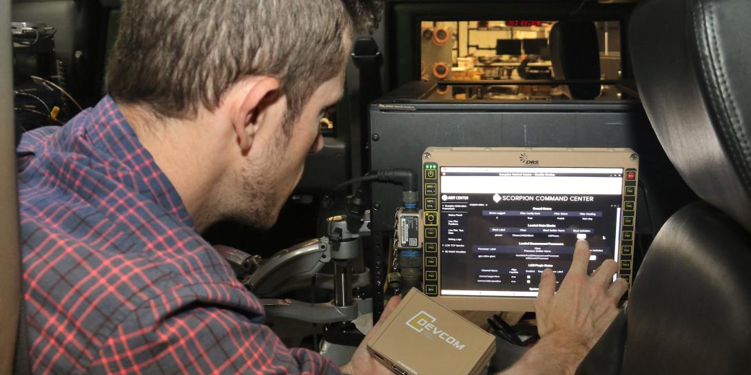 C5ISR Center computer scientist Zach Kjellberg tests position, navigation and timing (PNT) system at Aberdeen Proving Ground, Maryland. The center is developing new PNT technologies in support of Army modernization efforts. Credit: Dan Lafontaine, CCDC C5ISR Center PAO