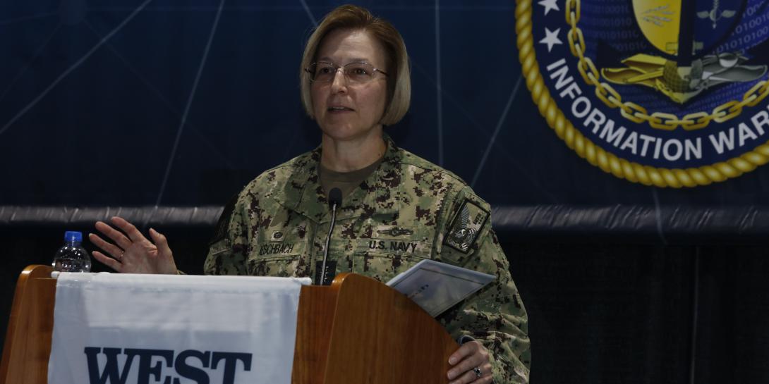 Vice Adm. Kelly Aeschbach, USN, commander, Naval Information Forces, describes the Navy's information warfare thrust at WEST 2022. Photo by Michael Carpenter