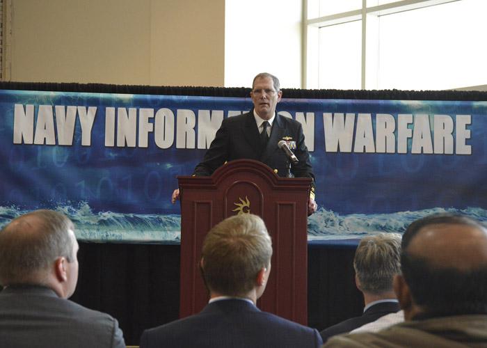 Rear Adm. Matthew J. Kohler, USN, commander, Naval Information Forces, explains the role of the NIWDC during the 2017 Sea-Air-Space Expo in Maryland. The commander was promoted to vice admiral in July 2017.