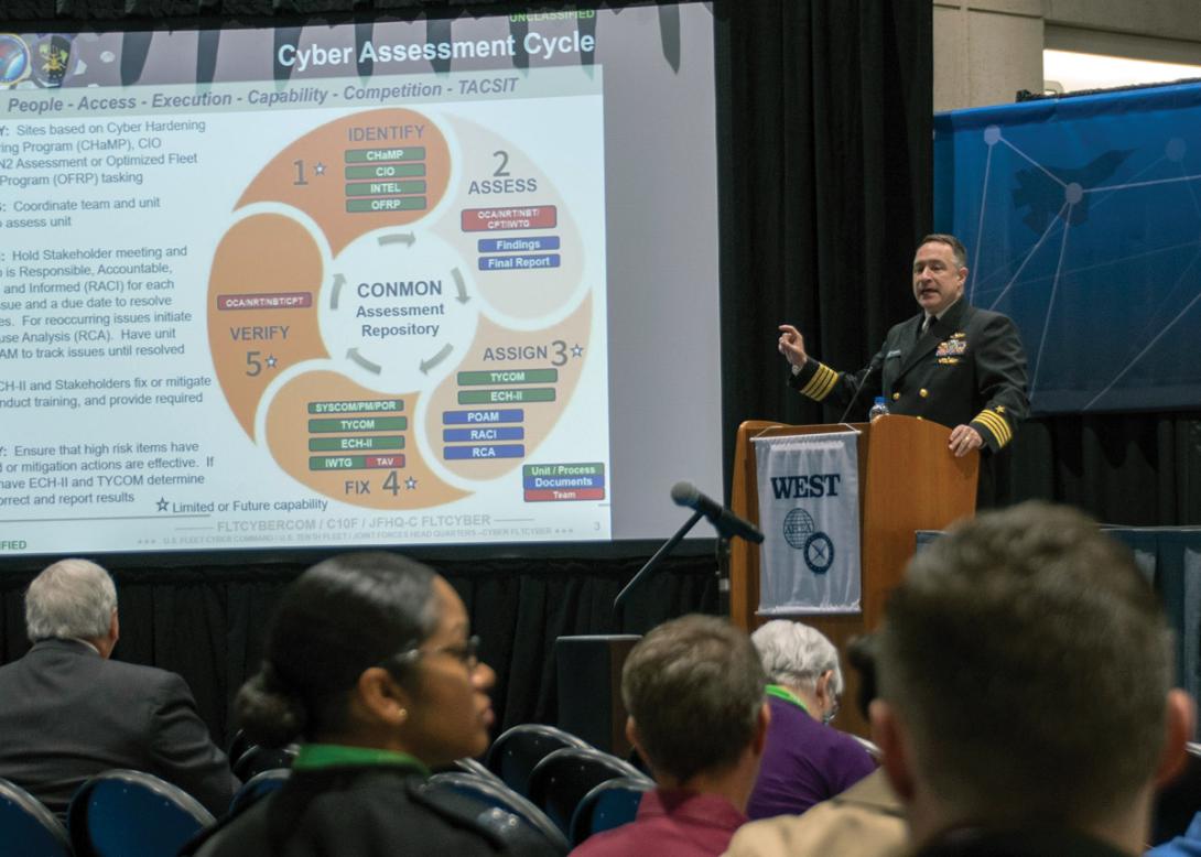 Capt. Kris Kearton, USN, director, Office of Compliance and Assessment, U.S. Fleet Cyber Command, explains command cyber operational readiness inspections. Photo by Mass Communication Specialist 2nd Class William Sykes, USN