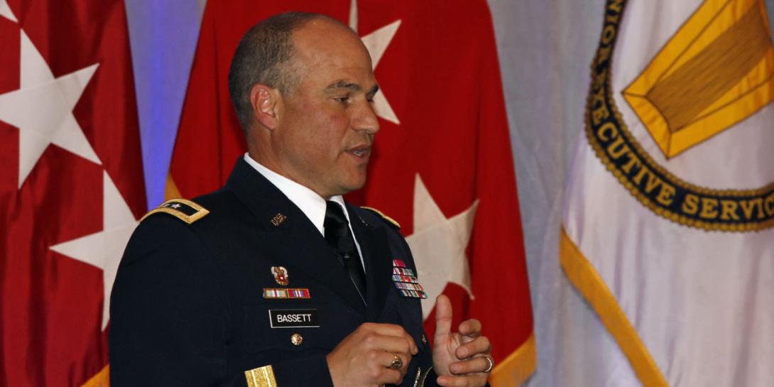 Maj. Gen. David Bassett, the Army’s PEO for command, control and communications-tactical, speaks at TechNet Augusta. Photo by Michael Carpenter