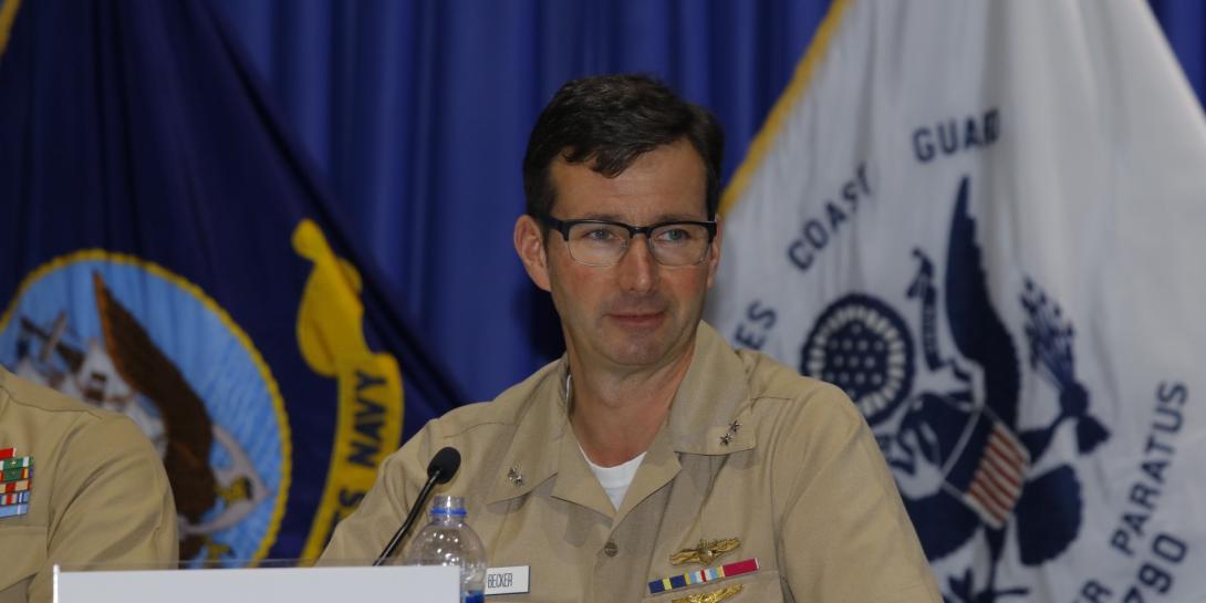 Rear Adm. Boris Becker, commander of the Space and Naval Warfare Systems Center, speaks during a panel at West 2019. Photo by Michael Carpenter