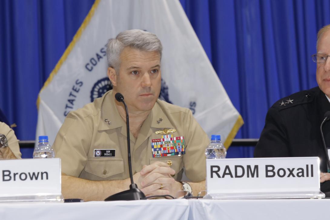 Rear Adm. Ronald Boxall, USN, director, Surface Warfare, paticipates in a West 2019 panel discussion. Photo by Michael Carpenter