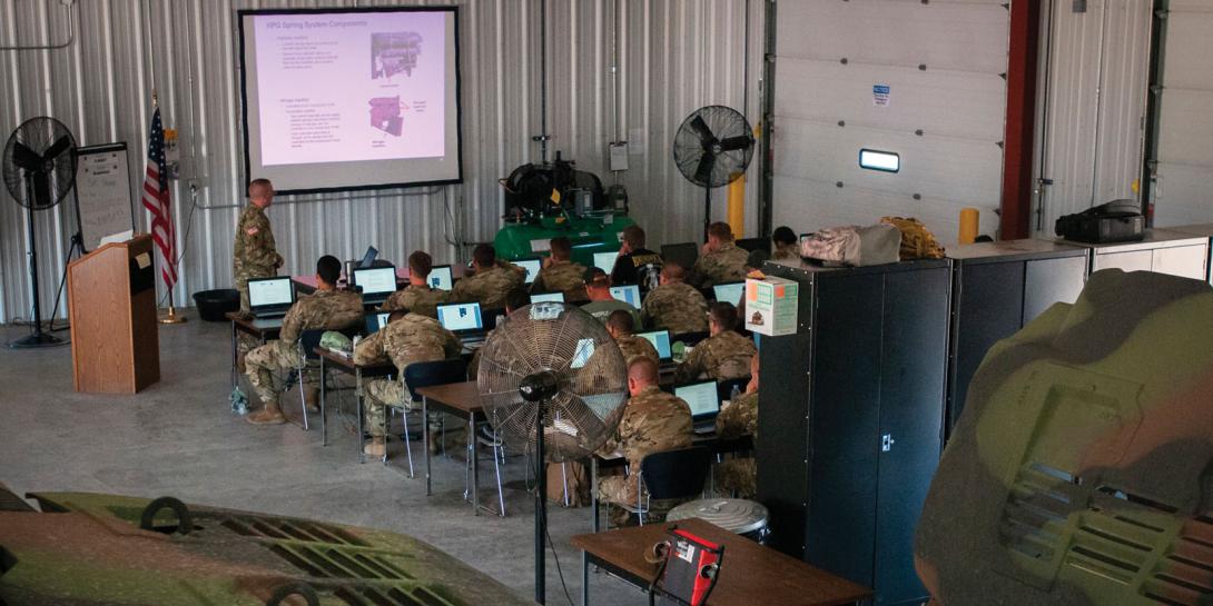 Sgt.1st Class Joshua Shirey, USA, maintenance instructor for the Army’s new Joint Light Tactical Vehicle, teaches a class about suspension to 33 soldiers enrolled in the first-ever iteration of the course at Fort McCoy, Wisconsin. The 96-hour Field-Level Maintenance New Equipment Training course involves classroom and hands-on training for soldiers and contractors. Credit: Staff Sgt. Brigitte Morgan, USAR