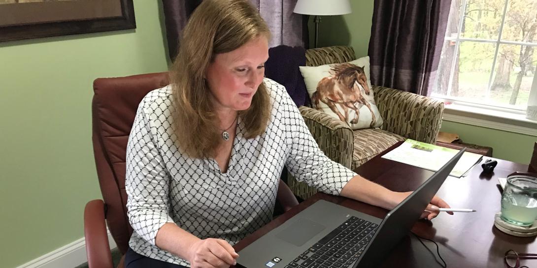 Carlen Capenos, director, Office of Small Business Programs at DISA, participates in a virtual event. DISA moved quickly into telework based on ongoing operations and preparations already in place when the pandemic struck. Credit: DISA