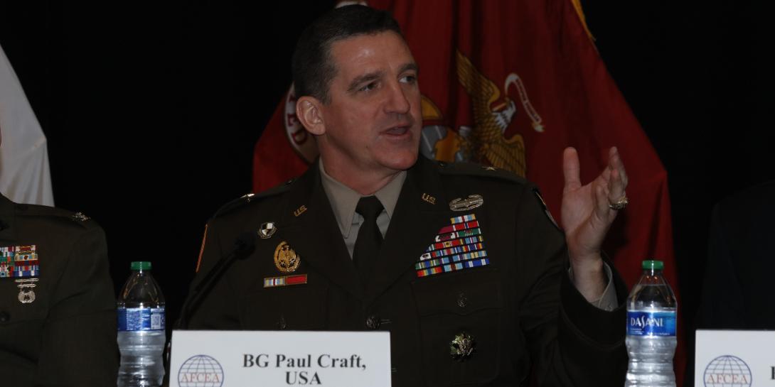 Brig. Gen. Paul Craft, USA, commandant, U.S. Army Cyber School, speaks on a panel at CERTS 2022. Photo by Michael Carpenter