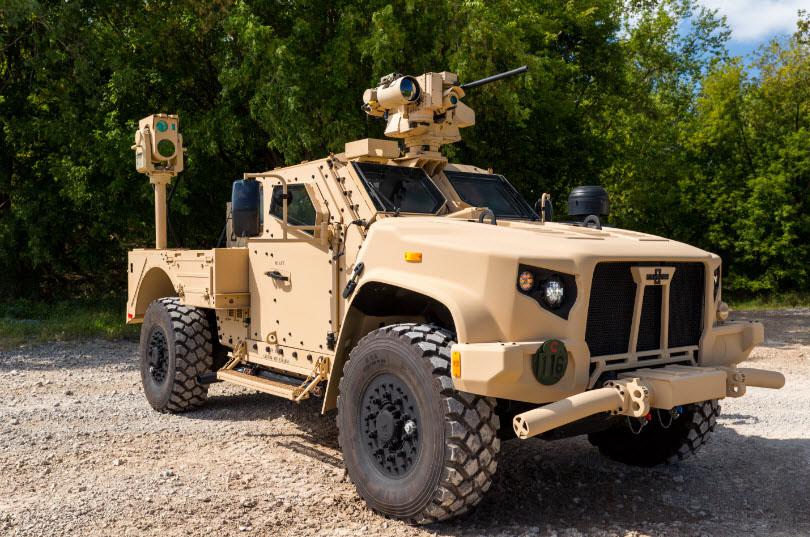 Boeing’s compact laser weapon system, mounted on Oshkosh Defense’s Joint Light Tactical Vehicle (JLTV), could provide counter-unmanned aerial vehicle protection for expeditionary warfighters, the company asserts. Credit: Oshkosh