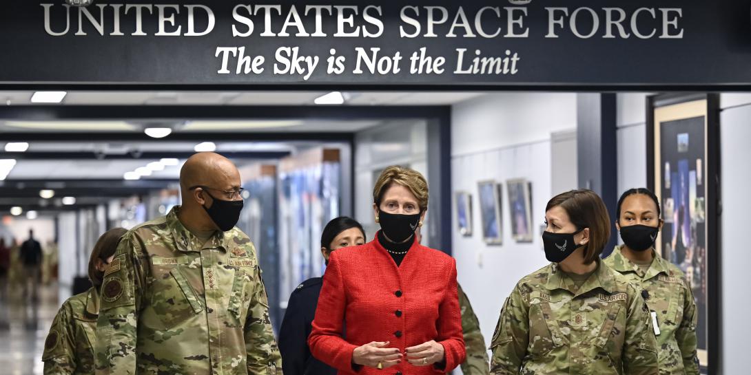 In this image from December 2020, former Secretary of the U.S. Air Force, Barbara Barrett, walks with Air Force Chief of Staff, Gen. Charles Brown, before a ceremony unveiling the newly decorated Space Force hallway at the Pentagon. Photo courtesy U.S. Air Force 