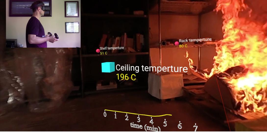 A researcher (inset) uses extended reality (XR) with digital overlays to determine how a fire spreads in a room. The National Institute of Standards and Technology (NIST) experiments with XR to evaluate materials for fire-resistant characteristics without putting humans at risk.  NIST