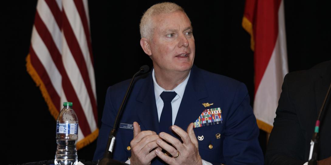 Rear Adm. Michael Ryan, USCG, former commander, Coast Guard Cyber Command, participates in a panel at CERTS 2022. Photo by Michael Carpenter