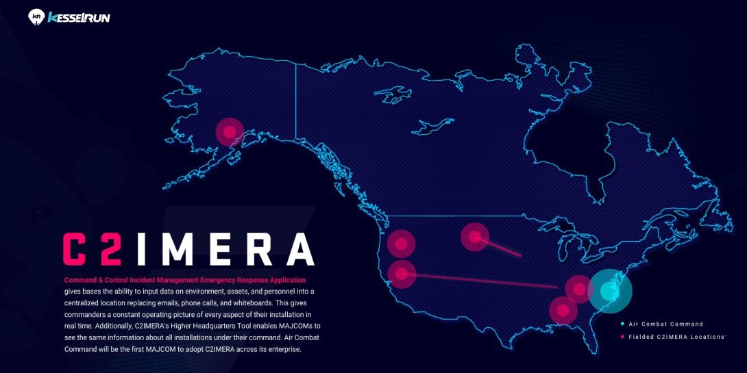 The Air Force Life Cycle Management Center’s Detachment 12, otherwise known as Kessel Run, has created a powerful command and control tool called C2IMERA that will provide airmen, wing commanders and major command leaders with a real-time operational sight picture of installation resources for force projection and emergency management, amongst other mission applications. Gen. Mark Kelly, commander of the Air Combat Command (ACC) has directed its use at all of ACC’s installations. Credit: Kessel Run