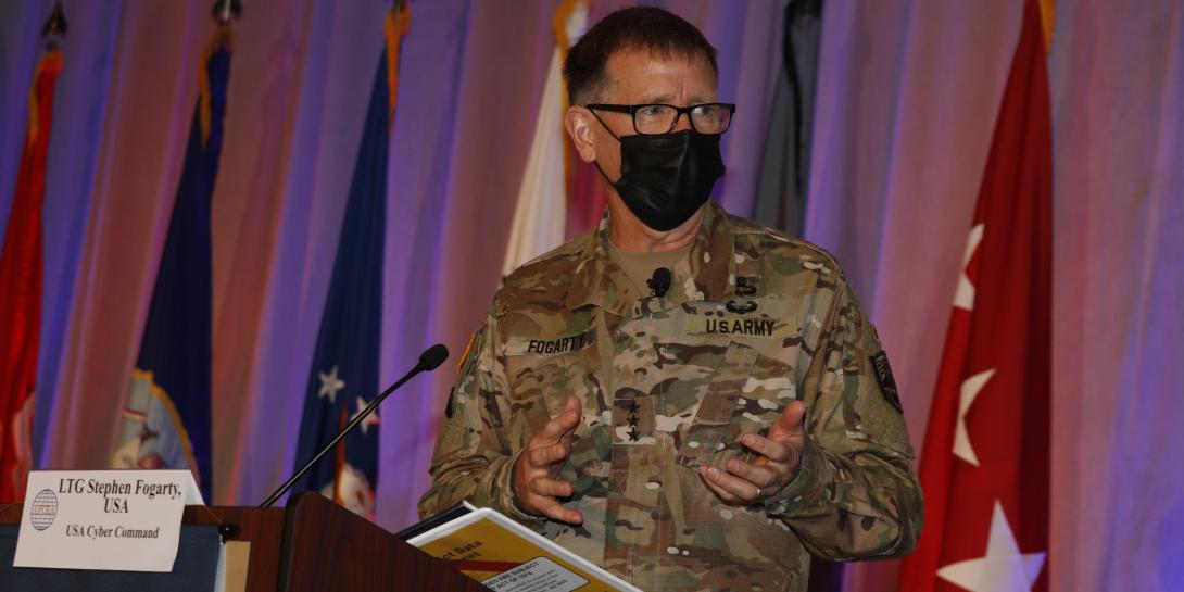 Lt. Gen. Stephen Fogarty, USA, commander, U.S. Army Cyber Command, addresses the audience at TechNet Augusta 2021. Photo by Michael Carpenter