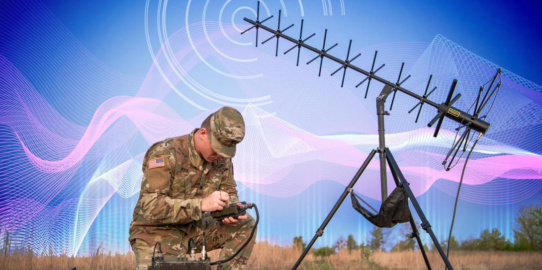A signal support system specialist prepares a radio system used to allow soldiers and airmen to keep in constant communications with one another during their missions. Graphic illustration by Regina Ali, U.S. Defense Department 
