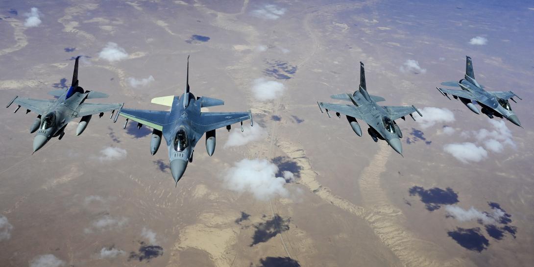 F-16 Fighting Falcons conduct aerial operations in the U.S. Central Command area of responsibility in May. In theory, a cyber attack on a military base wastewater treatment plant could prevent jets from providing air support during combat, experts say. Credit: Air Force Master Sgt. Matthew Plew