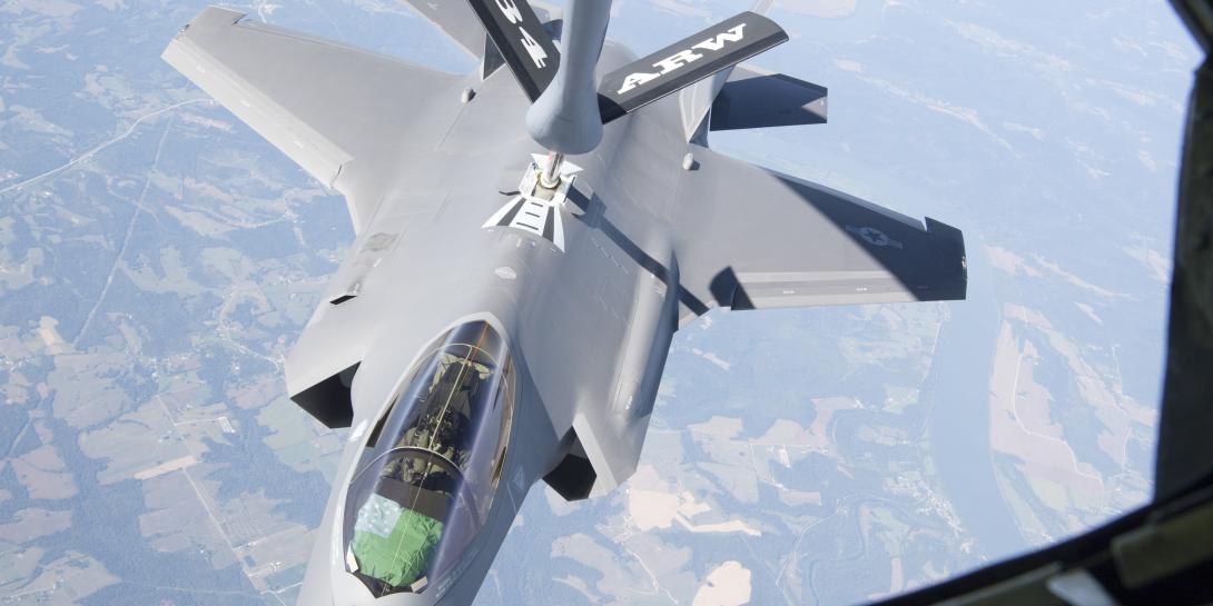 An F-35 Lightning II receives full from a KC-135 Stratotanker. The Army's communications exercises, which are being held in preparation of Project Convergence 21, are evaluating the ability of the different services to pass data from one to the other. The F-35, for example, may be used to pass information to ground forces as part of the Joint All-Domain Command and Control concept. Credit: U.S. Air Force photo/Master Sgt. Ben Mota