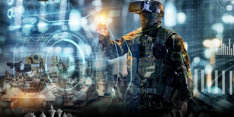 A soldier wears virtual reality glasses; a graphic depiction of a chess set sits in the foreground.  Illustration created by NIWC Pacific