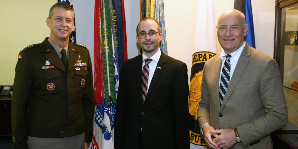 The U.S. National Guard has a vested interest in growing its partnership with foreign countries, says Guard Chief Gen. Daniel Hokanson, USA. In October, Gen. Hokanson (l) met with Arnold Kammel, policy director, Austrian defense ministry, and Austrian Ambassador Martin Weiss (r), at the Pentagon.  U.S. Army National Guard photo by Master Sgt. Jim Greenhill