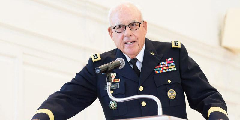 Lt. Gen. Lt. Gen. Otto J. Guenther, USA (Ret.) was a proud supporter and mentor of the Green Terror Battalion at McDaniel College, where he served on the Board of Trustees since 2006 and was named chair in 2019. Here he is addressing attendees at the Green Terror Battalion ROTC Commissioning Ceremony in 2017. Photo courtesy of McDaniel College