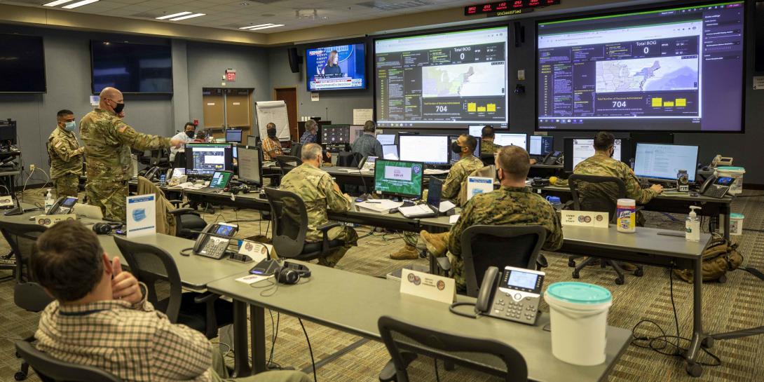 U.S. Army leaders detail the capabilities of the Joint Task Force-Civil Support common operating picture during a Joint All-Domain Command and Control System demonstration. The system synergizes multiple data feeds through real-time end-user reporting and collaborative planning. Photo Courtesy of the Defense Department