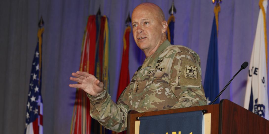 Lt. Gen. John Morrison, USA, deputy chief of staff, G-6, speaks at TechNet Augusta 2021. Photo by Michael Carpenter