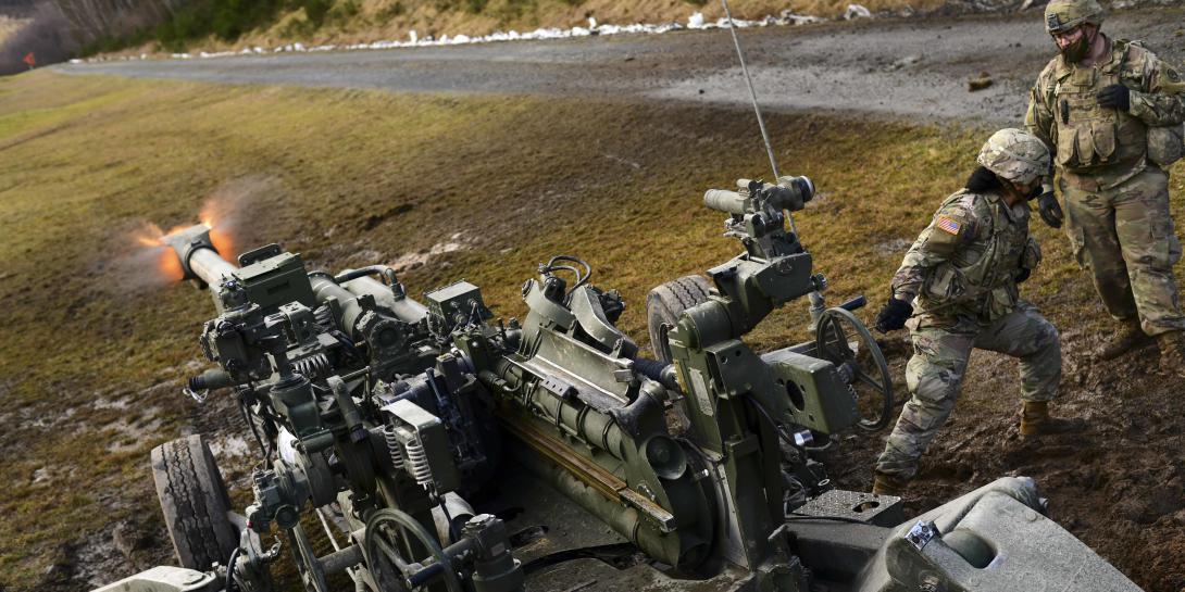 Army 1st Lt. Nancy Gomez fires an M777 howitzer during a direct-fire exercise at Grafenwoehr Training Area, Germany, Feb. 4, 2021. U.S. Army Europe and Africa will soon receive a new Multi-Domain Task Force and a Theater Fires Command, the Army has announced. Credit: Kevin Payne, Army