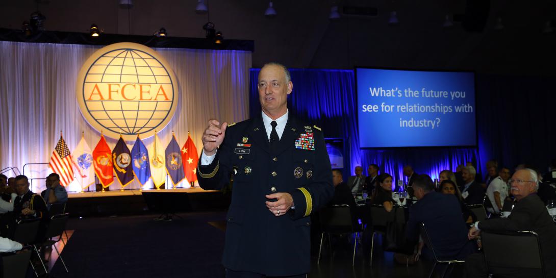 Lt. Gen. Alan Lynn, USA, director of DISA and commander of the JFHQ-DODIN, speaks at AFCEA’s Defensive Cyber Operations Symposium in Baltimore.