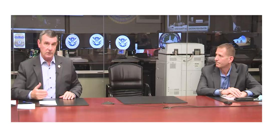 Donald Pekoske (l), administrator, Transportation Security Administration, speaks with Federal Air Marshal’s Executive Assistant Administrator Michael Ondocin at the TSA 23rd virtual employee town hall meeting. Credit: TSA photo