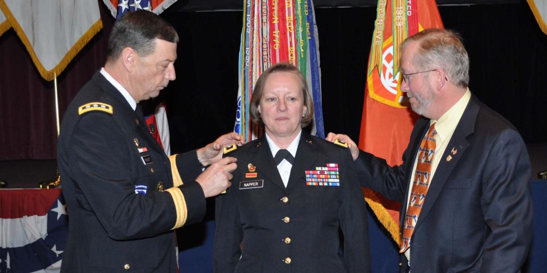 Maj. Gen. Jennifer Napper, USA (Ret.), receives her second star. The retired general says she was glad to find the same can-do attitude in industry as in the Army.
