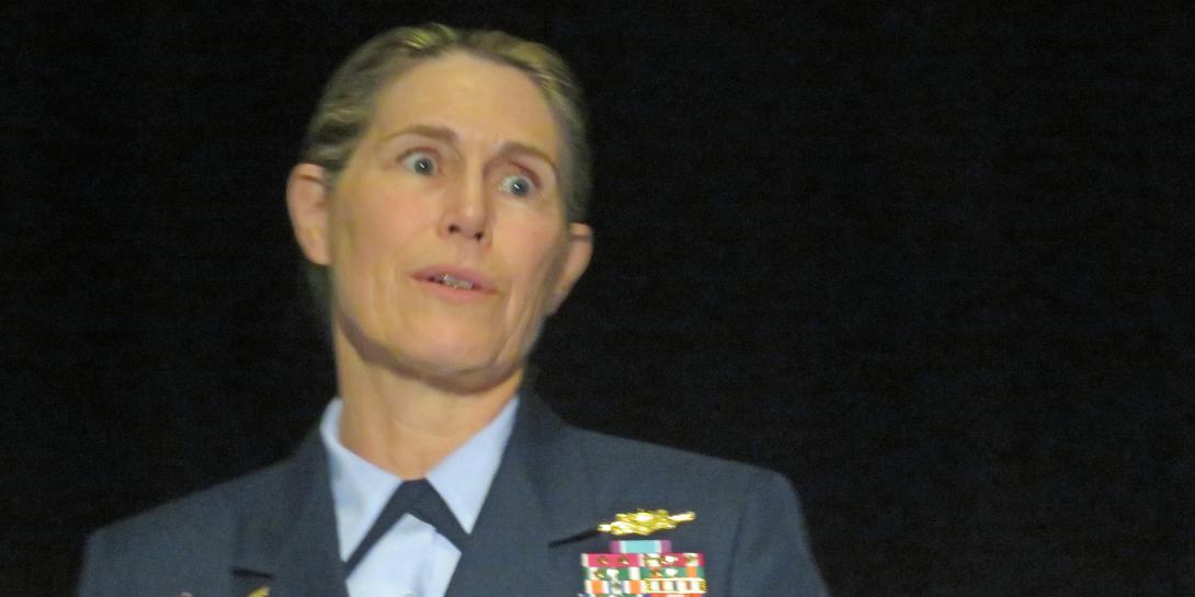Vice Adm. Sandra Stosz, USCG, deputy commandant, Mission Support, U.S. Coast Guard, speaks at the AFCEA Homeland Security Conference.
