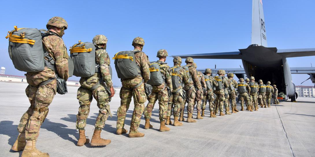 U.S. Army paratroopers from the 173rd Airborne Brigade prepare to board a U.S. Air Force C-130 Hercules aircraft, in preparation for operations in Pordenone, Italy, on February 21. The brigade is the service's Contingency Response Force that responds to the needs of the U.S. European, Africa or Central Commands. The Army’s Fiscal year 2020 budget proposal, expected to be presented to Congress on March 12, has to support these operations as well as its modernization efforts. Army Photo by Paolo Bovo