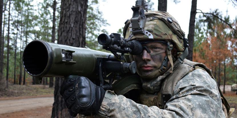 With an M3 anti-tank weapon on his shoulder, Army Spc. Austin Helms stands guard at Fort Polk, Louisiana, on February 15. The Army's science and technology research is focusing on increasing soldier lethality through improved situational awareness, among other strategies. Army photo by Staff Sgt. Armando R. Limon