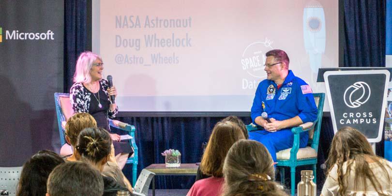 Beth Beck, l, the open innovation program manager in NASA’s Office of the Chief Information, discusses the agency’s Space Apps Challenge 2016, a global hackathon.