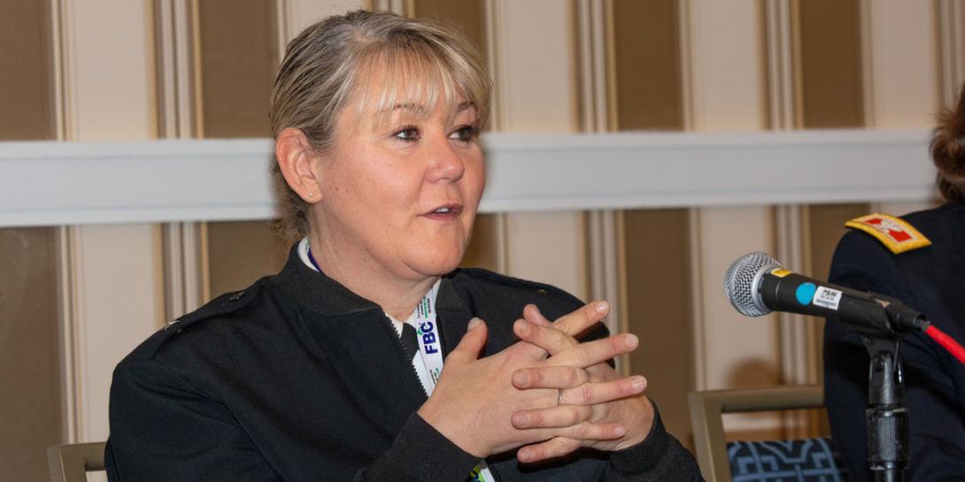 Brig. Gen. Jennifer Buckner, USA, director of cyber, electronic warfare, and information operations, Department of the Army G-3/5/7, addresses modernization effort during a Women in Leadership Panel at AFCEA Belvoir Industry Days. Credit: Michael Carpenter
