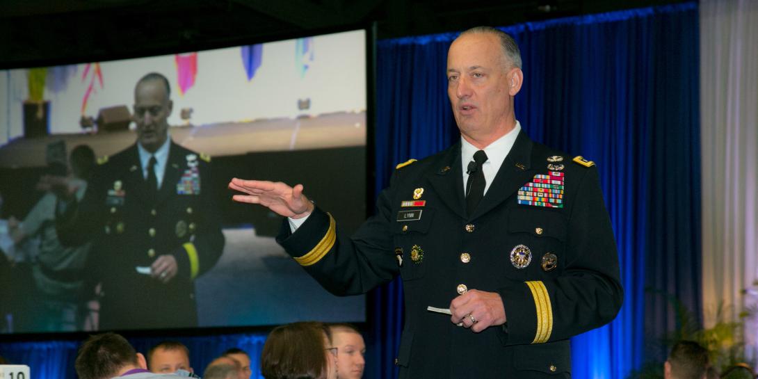Lt. Gen. Alan Lynn, USA, director of the Defense Information Systems Agency, addresses attendees during the 2016 Defensive Cyber Operations Symposium. Photo by Michael Carpenter 