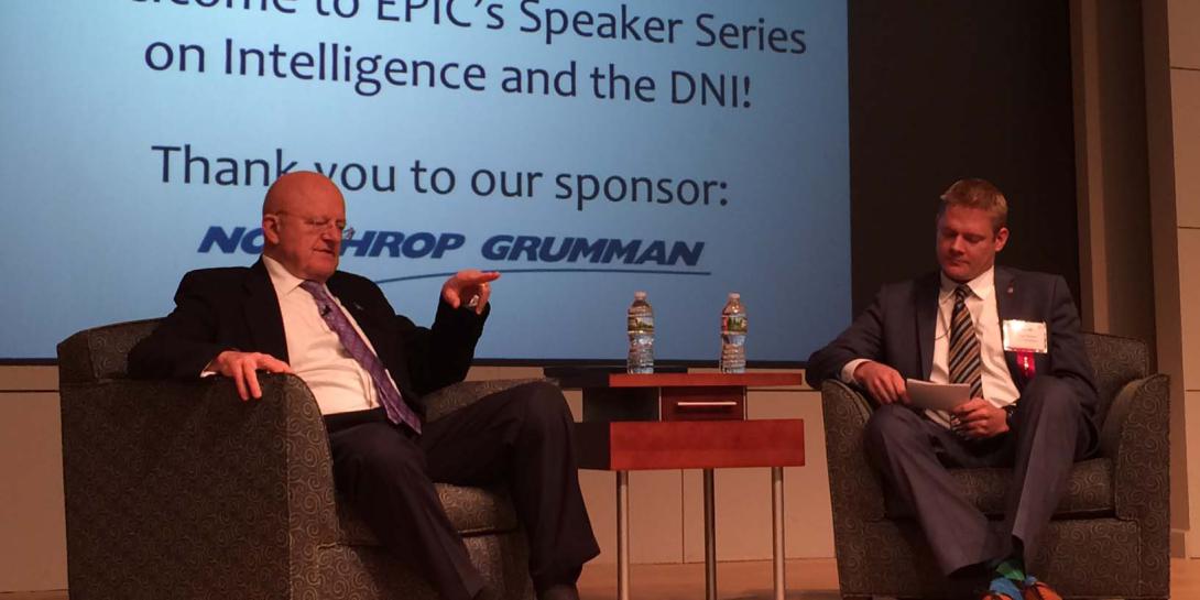DNI James Clapper answers questions asked by guests attending AFCEA’s Emerging Professionals in Intelligence Committee (EPIC) speaker series. The session was moderated by Jesse Nielsen, managing director of VXIT Analytics.